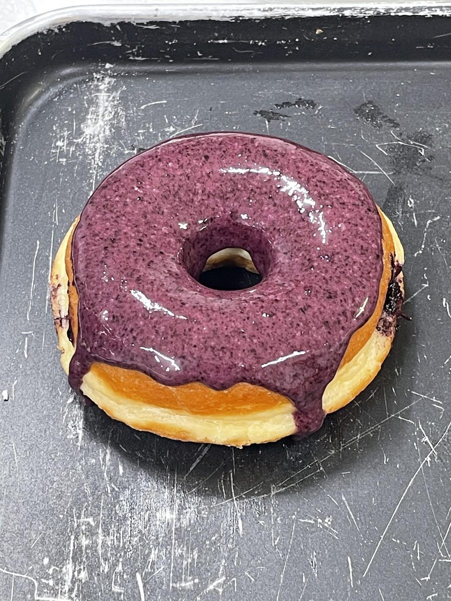 A single finished blueberry donut